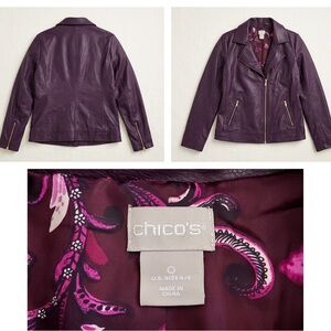 Chicos Deep Purple Leather Biker Jacket -size 0 small Floral lining & Gold zips